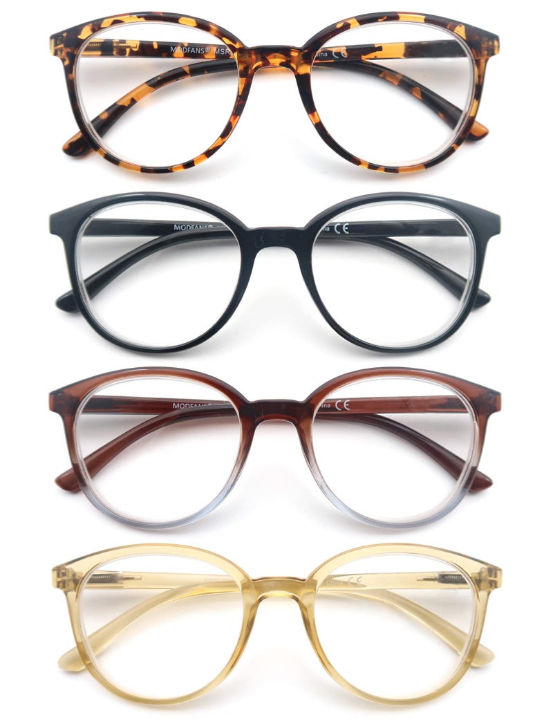MODFANS (Blue Light Blocking) Reading Glasses Women,Round Frame,4 Pairs Ladies Oversized Reading Glasses (Anti-Blue Light) with Glasses Pouch